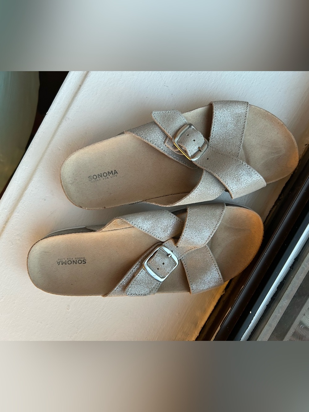 Sonoma Shimmery Light Silver Crisscross Slide Sandals with Buckles Size 8.5